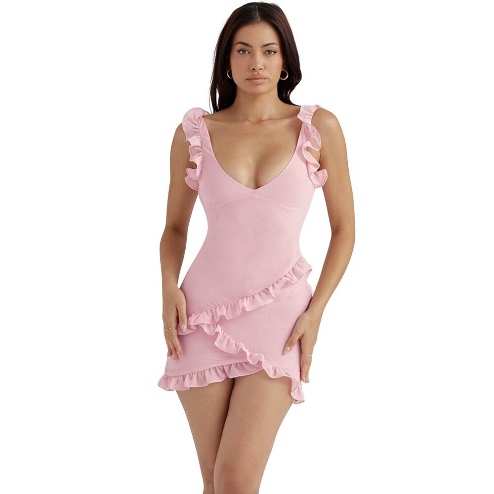 HOUSE OF CB Tania pink quartz ruffle mini dress $225 NWT Large